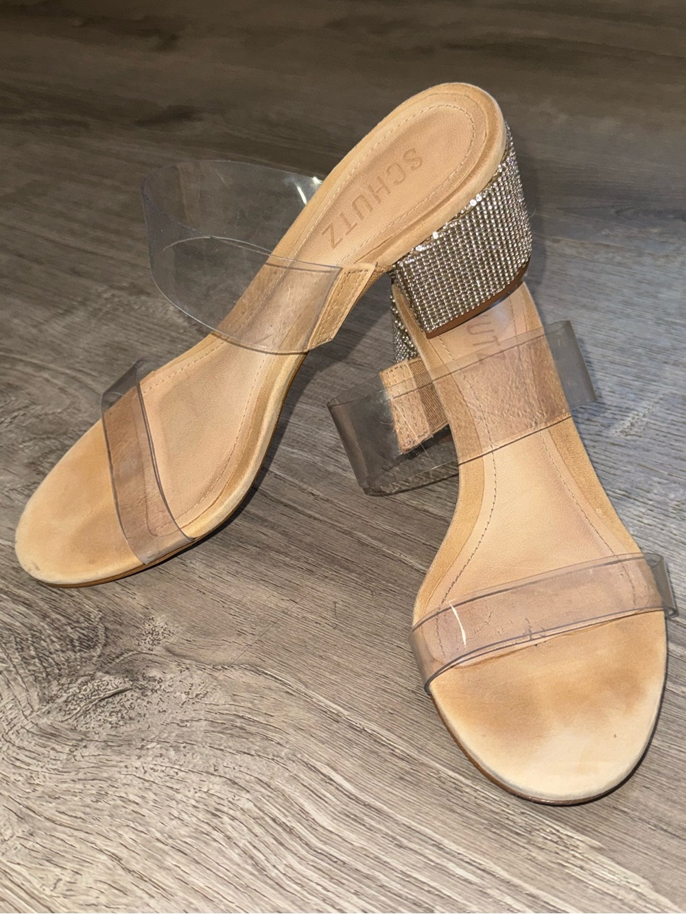 SCHUTZ VICTOIRE CLEAR STRAP RHINESTONE BLOCK HEEL SANDALS 36 6